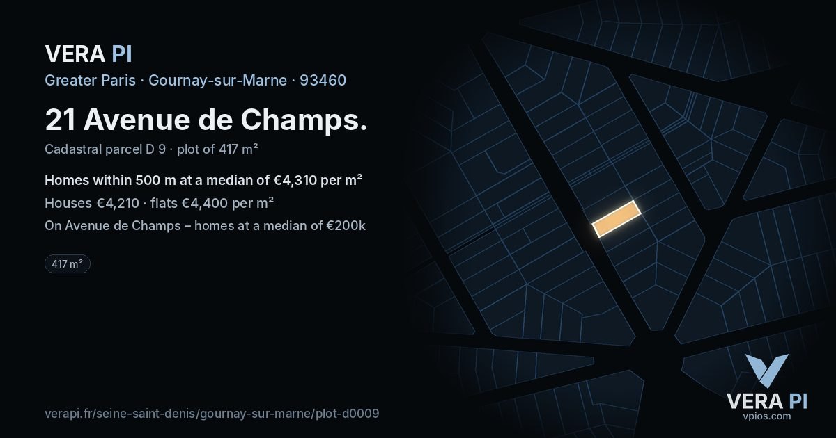 21 Avenue de Champs, Gournay-sur-Marne at night – the plot lit, the parcels around coloured by the prices near them