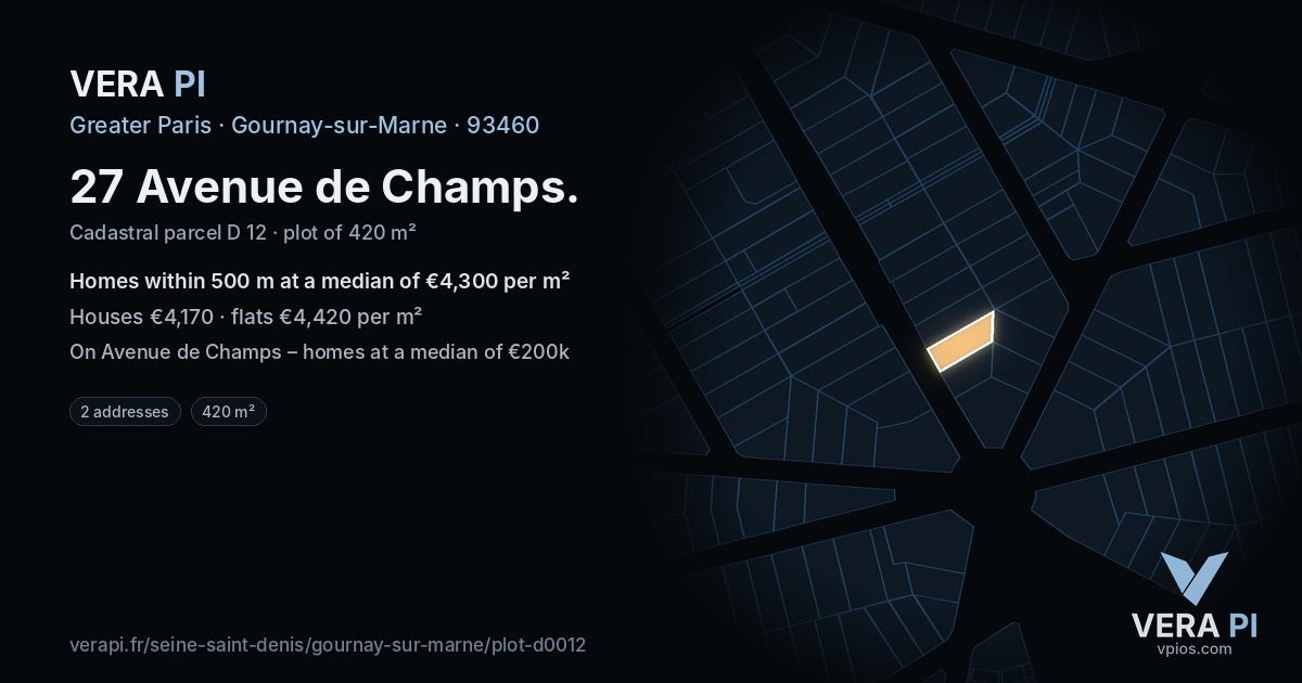 27 Avenue de Champs, Gournay-sur-Marne at night – the plot lit, the parcels around coloured by the prices near them