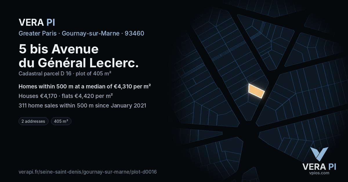 5 bis Avenue du Général Leclerc, Gournay-sur-Marne at night – the plot lit, the parcels around coloured by the prices near them