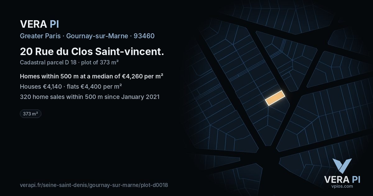 20 Rue du Clos Saint-vincent, Gournay-sur-Marne at night – the plot lit, the parcels around coloured by the prices near them