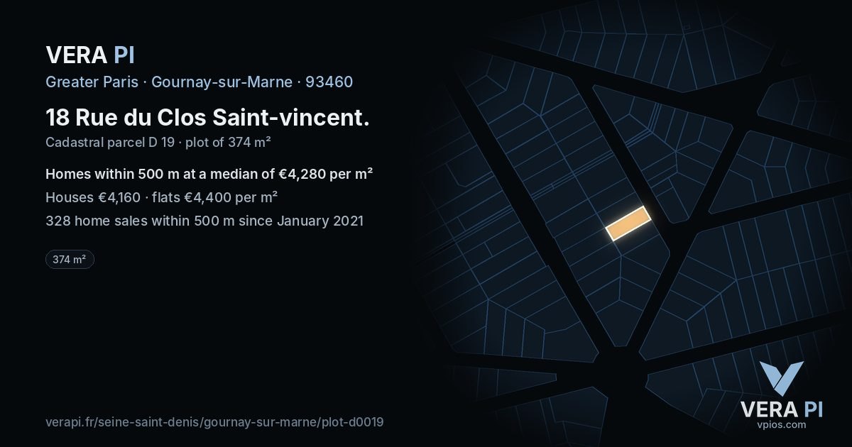 18 Rue du Clos Saint-vincent, Gournay-sur-Marne at night – the plot lit, the parcels around coloured by the prices near them