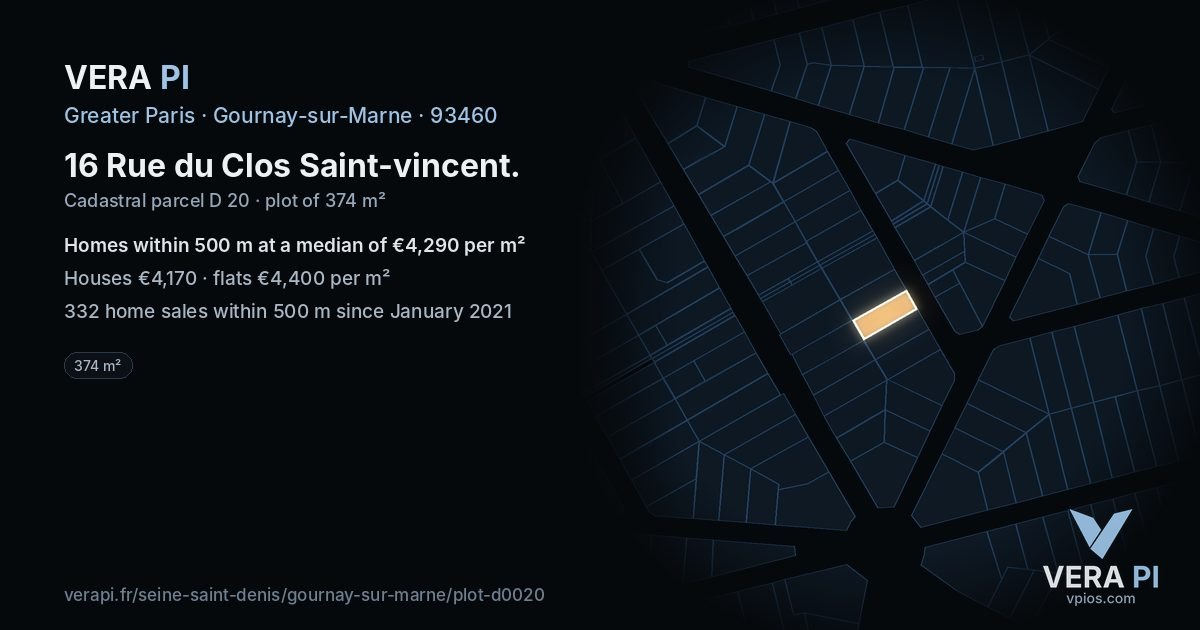 16 Rue du Clos Saint-vincent, Gournay-sur-Marne at night – the plot lit, the parcels around coloured by the prices near them