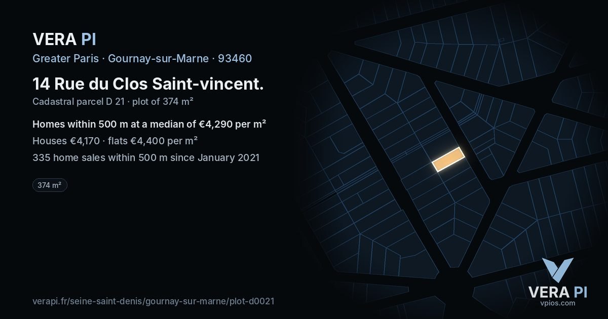 14 Rue du Clos Saint-vincent, Gournay-sur-Marne at night – the plot lit, the parcels around coloured by the prices near them