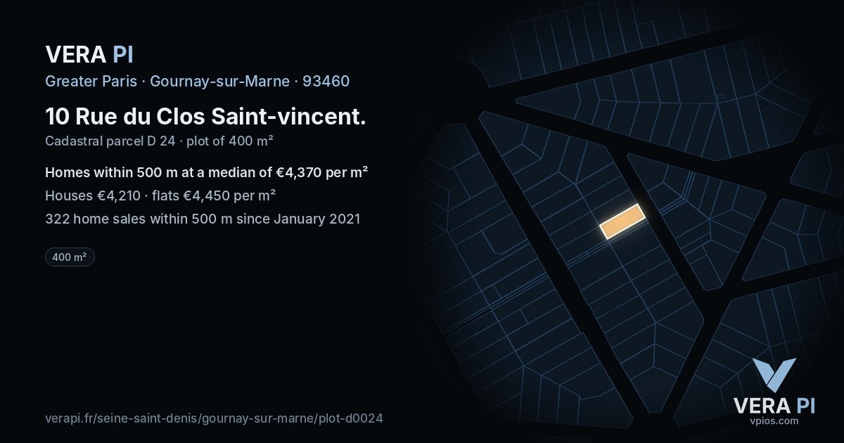 10 Rue du Clos Saint-vincent, Gournay-sur-Marne at night – the plot lit, the parcels around coloured by the prices near them