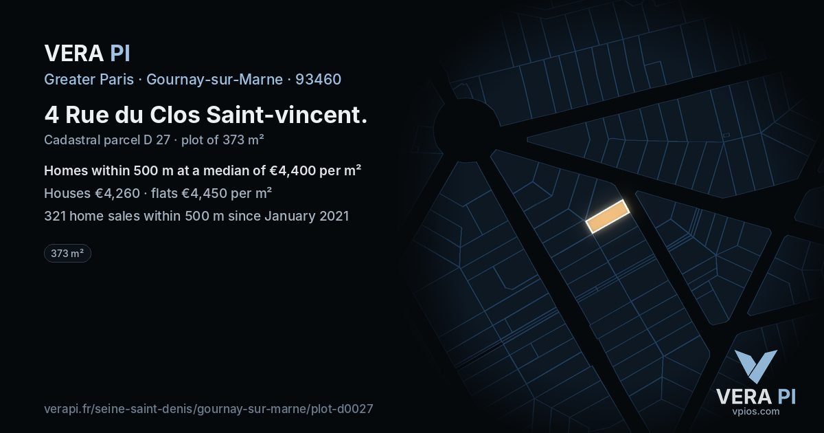 4 Rue du Clos Saint-vincent, Gournay-sur-Marne at night – the plot lit, the parcels around coloured by the prices near them