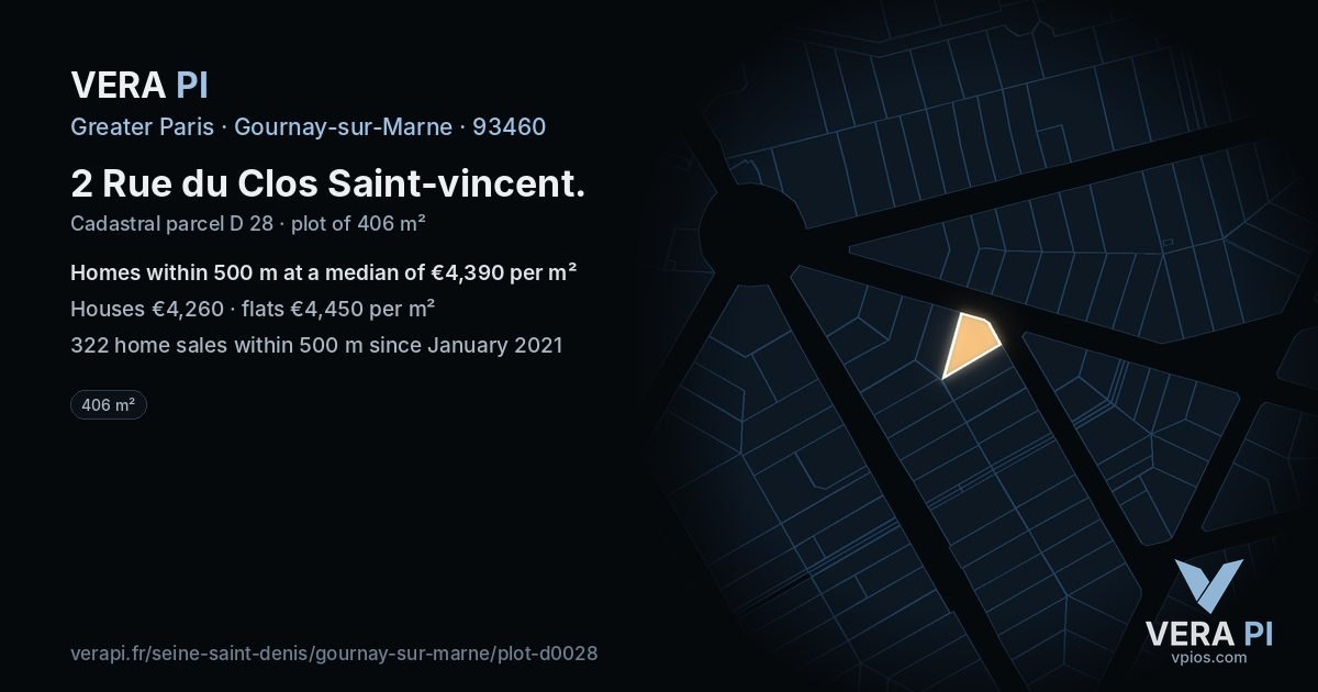 2 Rue du Clos Saint-vincent, Gournay-sur-Marne at night – the plot lit, the parcels around coloured by the prices near them