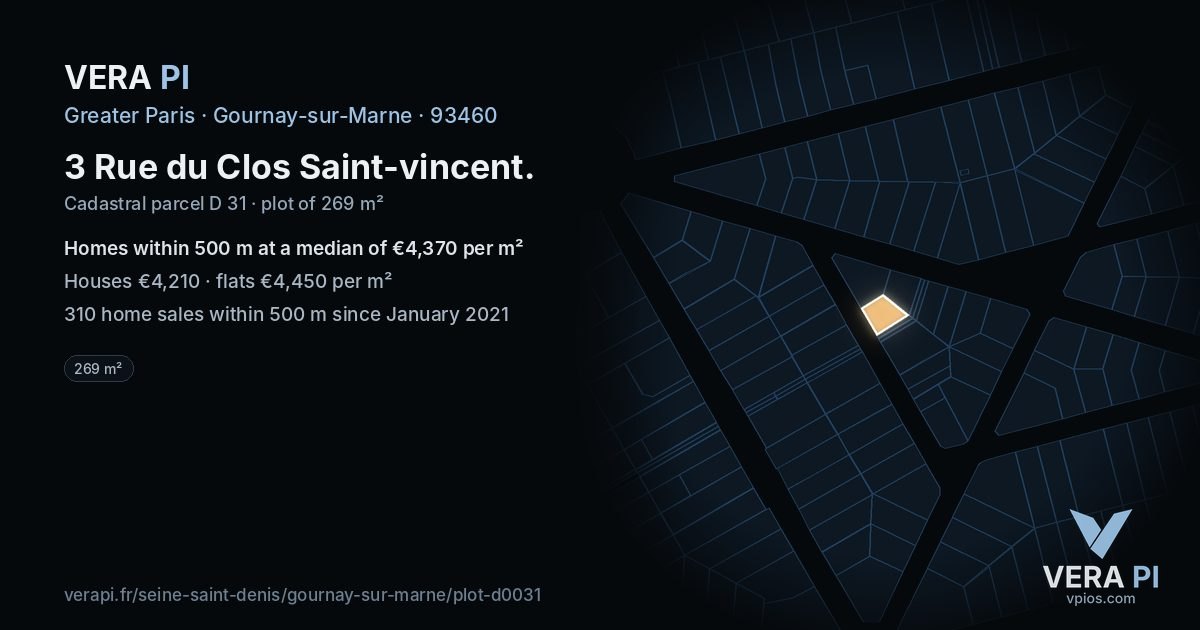 3 Rue du Clos Saint-vincent, Gournay-sur-Marne at night – the plot lit, the parcels around coloured by the prices near them