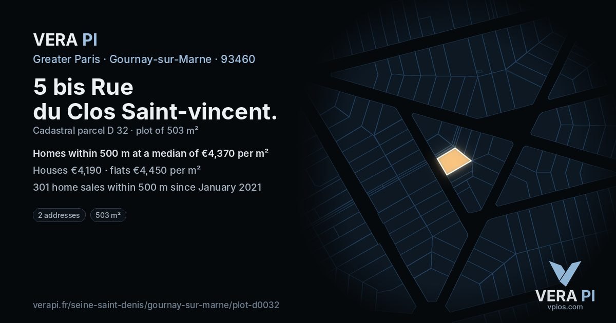 5 bis Rue du Clos Saint-vincent, Gournay-sur-Marne at night – the plot lit, the parcels around coloured by the prices near them