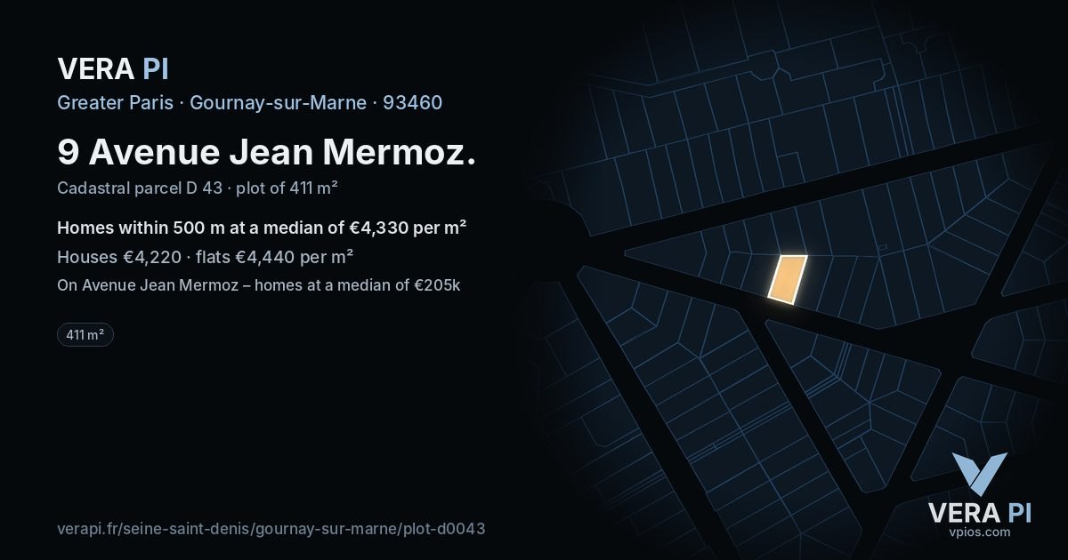 9 Avenue Jean Mermoz, Gournay-sur-Marne at night – the plot lit, the parcels around coloured by the prices near them