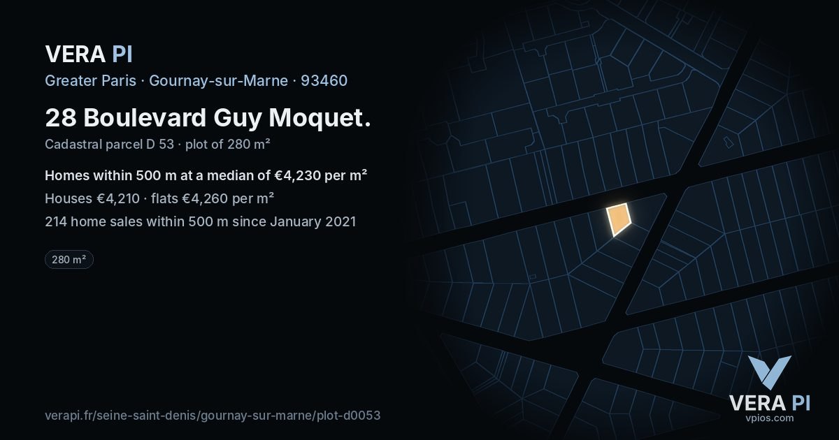 28 Boulevard Guy Moquet, Gournay-sur-Marne at night – the plot lit, the parcels around coloured by the prices near them