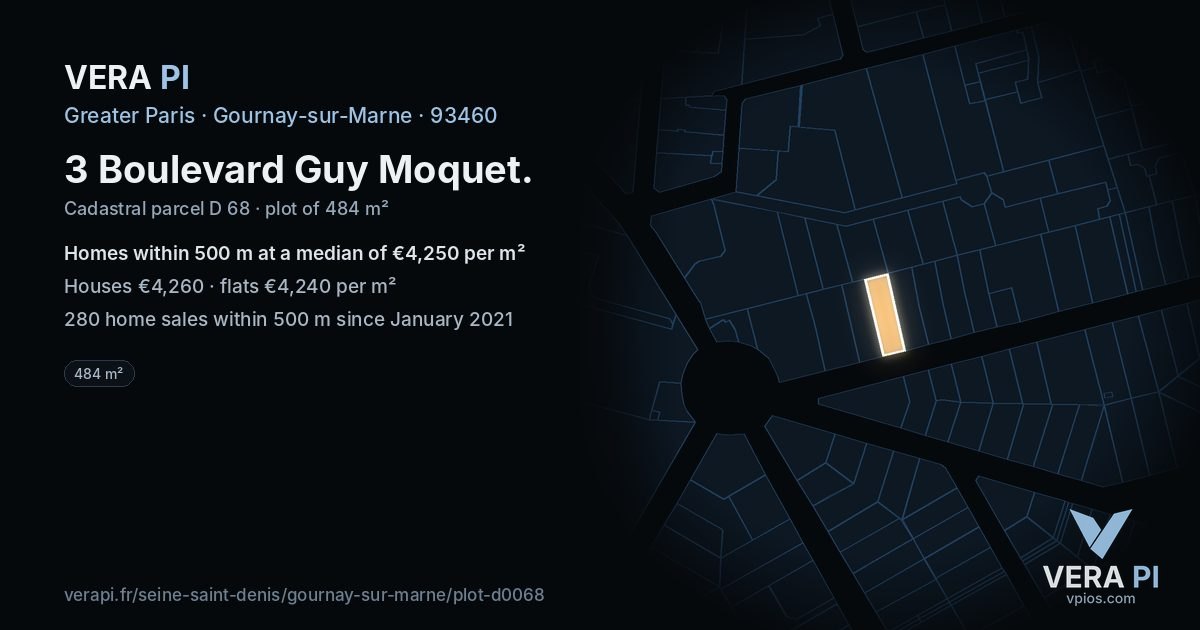 3 Boulevard Guy Moquet, Gournay-sur-Marne at night – the plot lit, the parcels around coloured by the prices near them
