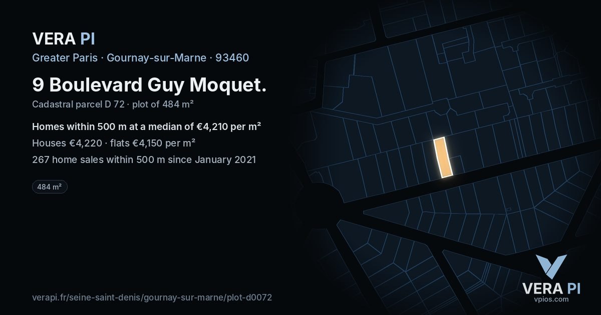 9 Boulevard Guy Moquet, Gournay-sur-Marne at night – the plot lit, the parcels around coloured by the prices near them
