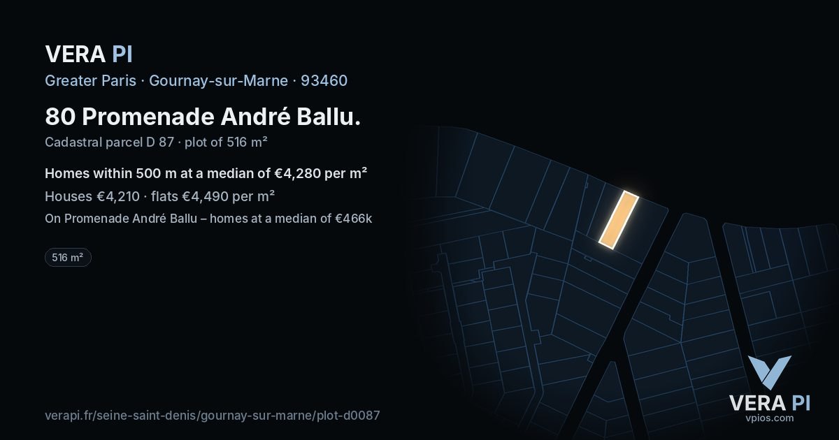 80 Promenade André Ballu, Gournay-sur-Marne at night – the plot lit, the parcels around coloured by the prices near them