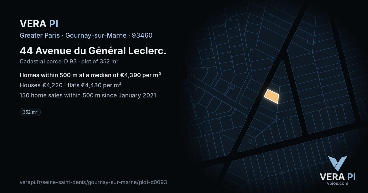 44 Avenue du Général Leclerc, Gournay-sur-Marne at night – the plot lit, the parcels around coloured by the prices near them