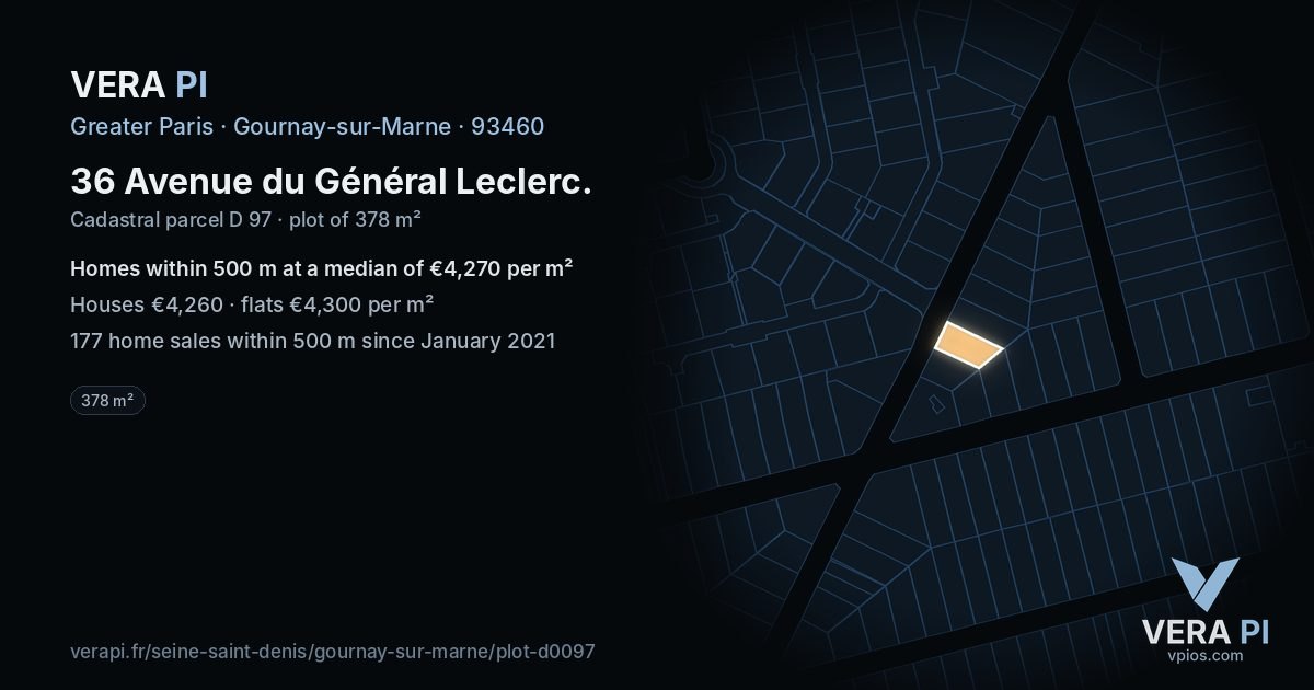 36 Avenue du Général Leclerc, Gournay-sur-Marne at night – the plot lit, the parcels around coloured by the prices near them
