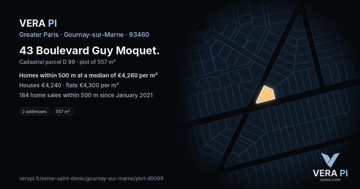 43 Boulevard Guy Moquet, Gournay-sur-Marne at night – the plot lit, the parcels around coloured by the prices near them