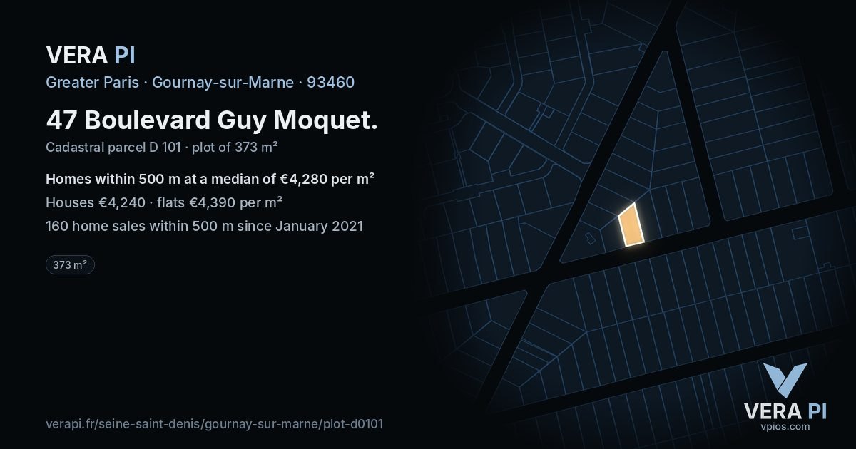 47 Boulevard Guy Moquet, Gournay-sur-Marne at night – the plot lit, the parcels around coloured by the prices near them