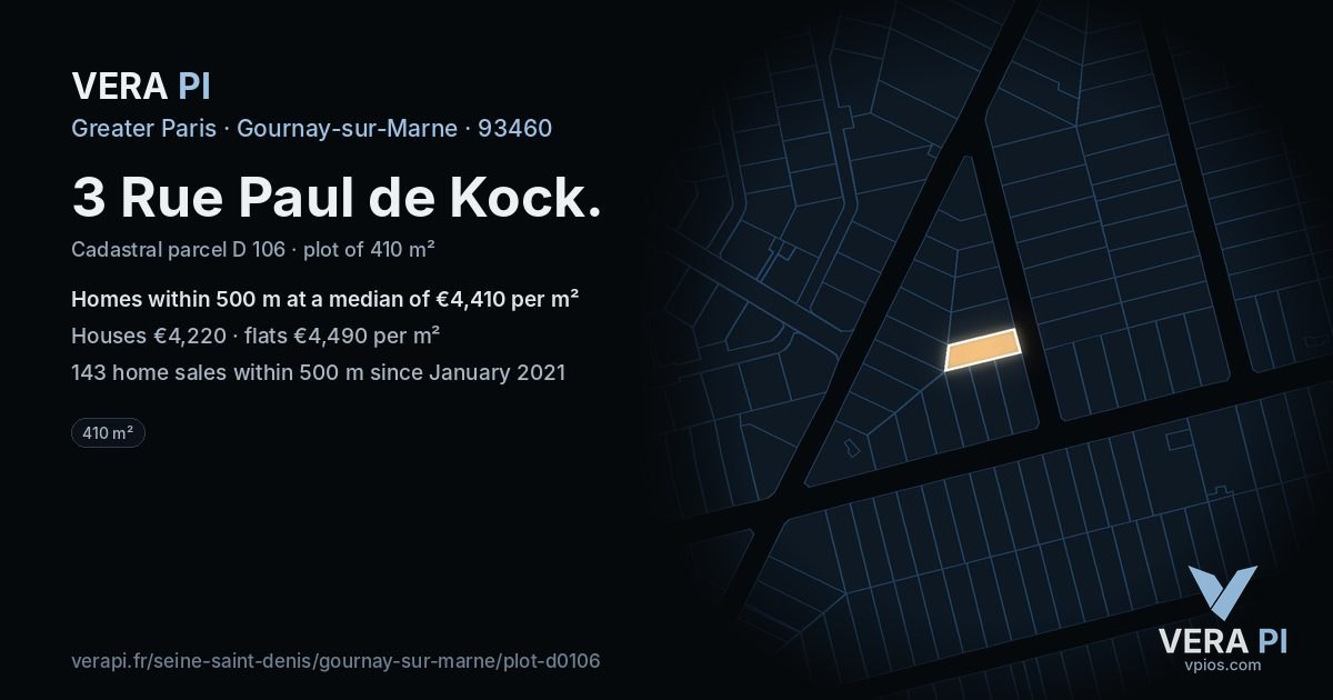 3 Rue Paul de Kock, Gournay-sur-Marne at night – the plot lit, the parcels around coloured by the prices near them