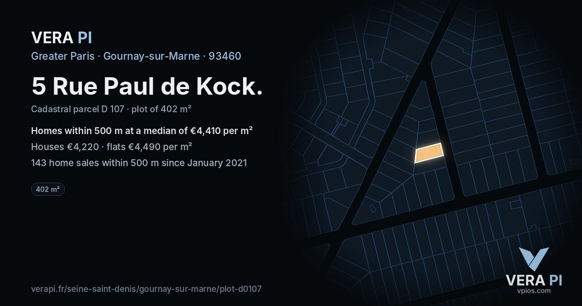 5 Rue Paul de Kock, Gournay-sur-Marne at night – the plot lit, the parcels around coloured by the prices near them