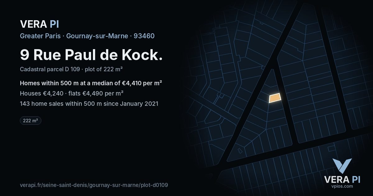 9 Rue Paul de Kock, Gournay-sur-Marne at night – the plot lit, the parcels around coloured by the prices near them
