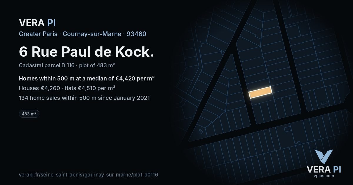 6 Rue Paul de Kock, Gournay-sur-Marne at night – the plot lit, the parcels around coloured by the prices near them