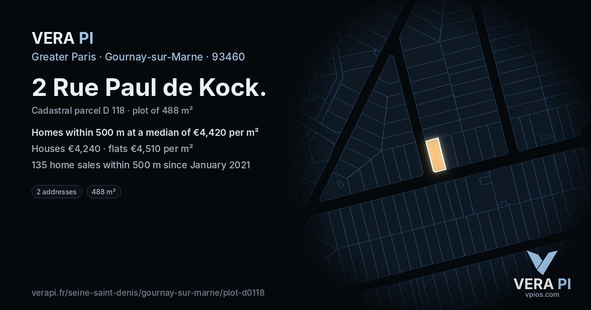 2 Rue Paul de Kock, Gournay-sur-Marne at night – the plot lit, the parcels around coloured by the prices near them