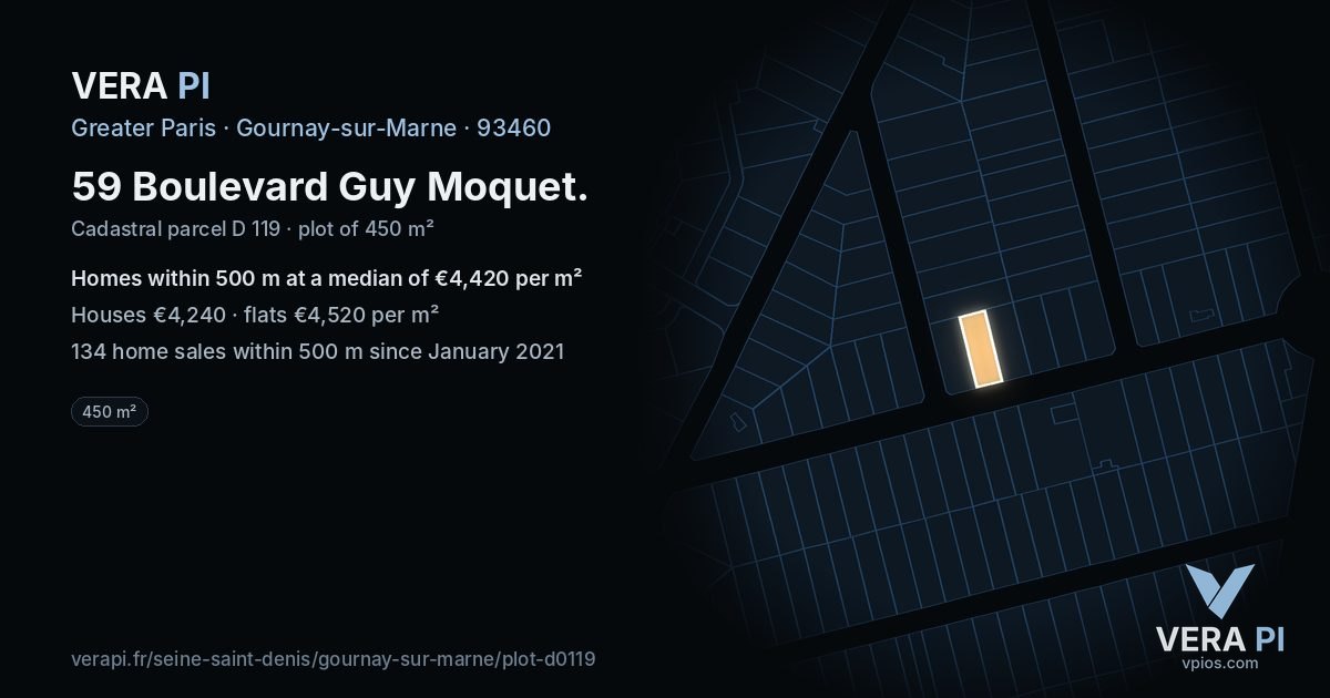 59 Boulevard Guy Moquet, Gournay-sur-Marne at night – the plot lit, the parcels around coloured by the prices near them