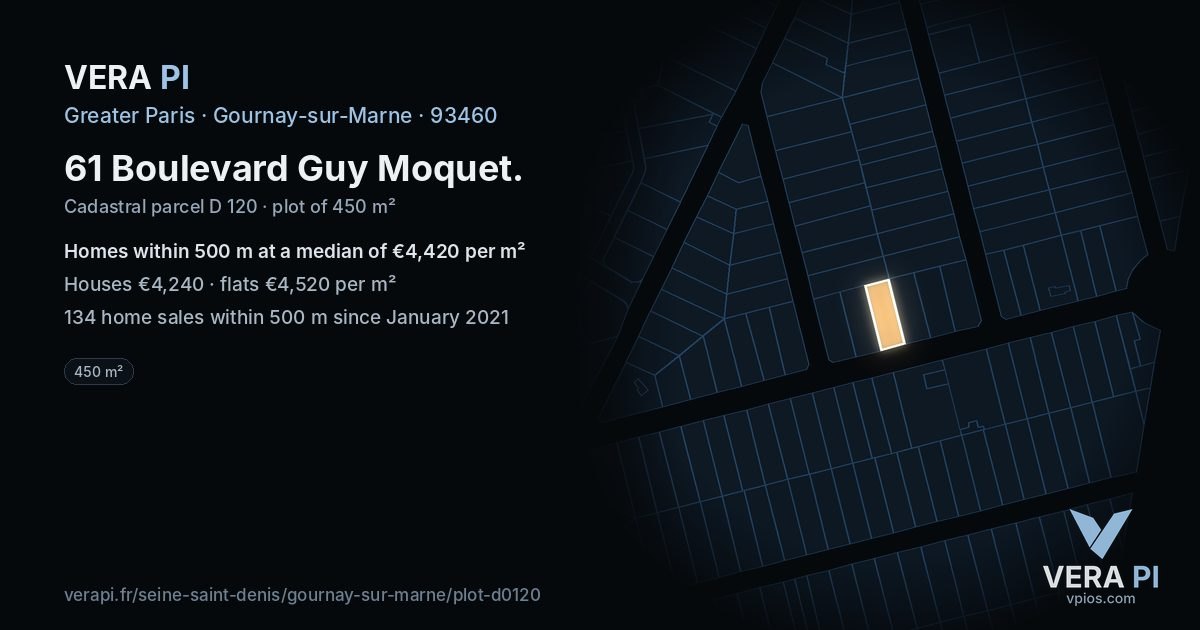 61 Boulevard Guy Moquet, Gournay-sur-Marne at night – the plot lit, the parcels around coloured by the prices near them