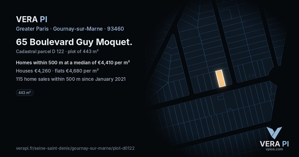65 Boulevard Guy Moquet, Gournay-sur-Marne at night – the plot lit, the parcels around coloured by the prices near them