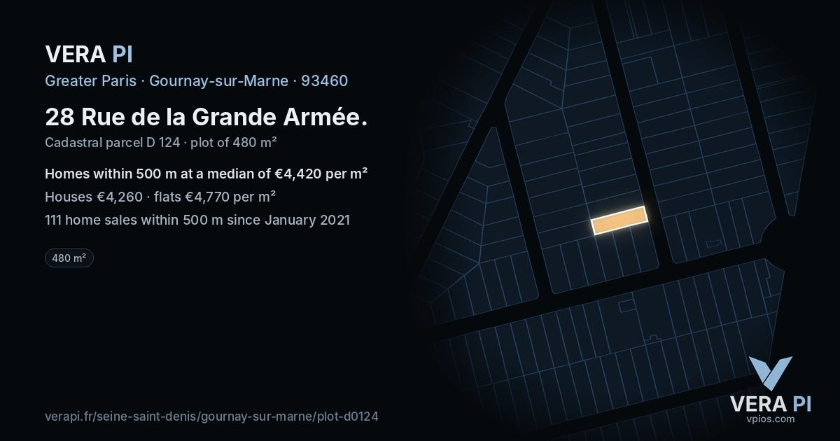 28 Rue de la Grande Armée, Gournay-sur-Marne at night – the plot lit, the parcels around coloured by the prices near them