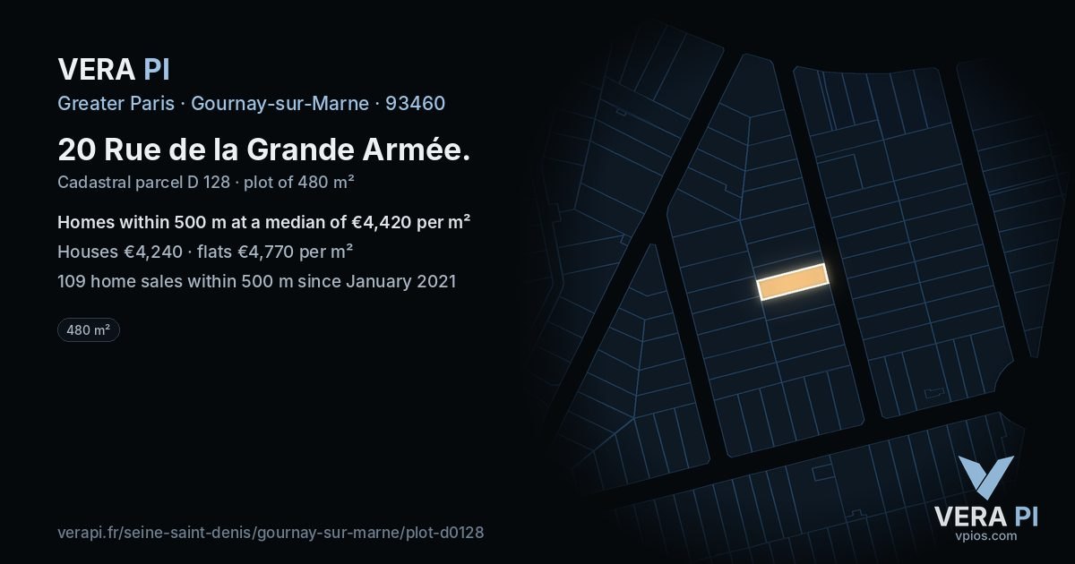 20 Rue de la Grande Armée, Gournay-sur-Marne at night – the plot lit, the parcels around coloured by the prices near them