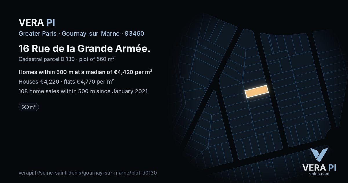 16 Rue de la Grande Armée, Gournay-sur-Marne at night – the plot lit, the parcels around coloured by the prices near them