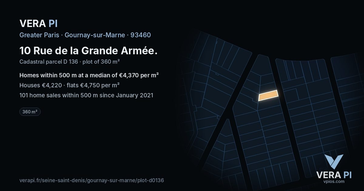10 Rue de la Grande Armée, Gournay-sur-Marne at night – the plot lit, the parcels around coloured by the prices near them
