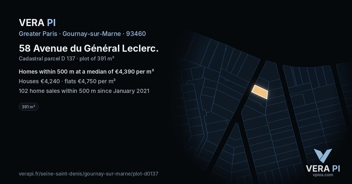 58 Avenue du Général Leclerc, Gournay-sur-Marne at night – the plot lit, the parcels around coloured by the prices near them