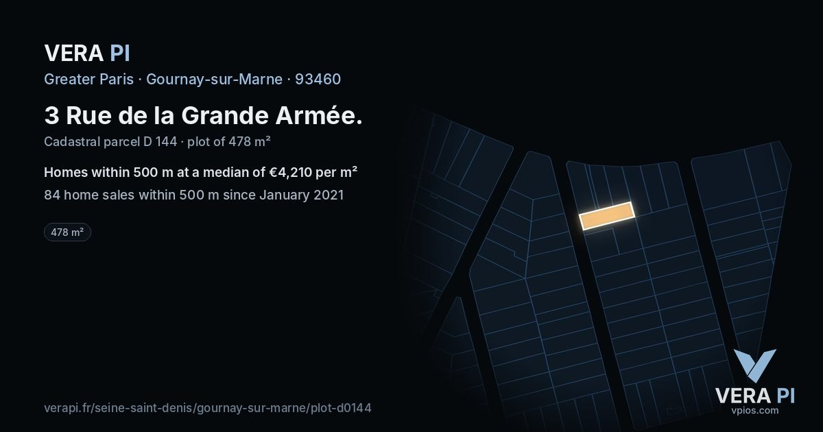 3 Rue de la Grande Armée, Gournay-sur-Marne at night – the plot lit, the parcels around coloured by the prices near them