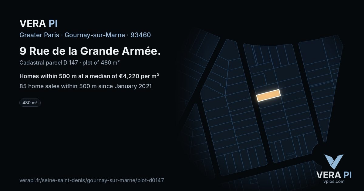 9 Rue de la Grande Armée, Gournay-sur-Marne at night – the plot lit, the parcels around coloured by the prices near them