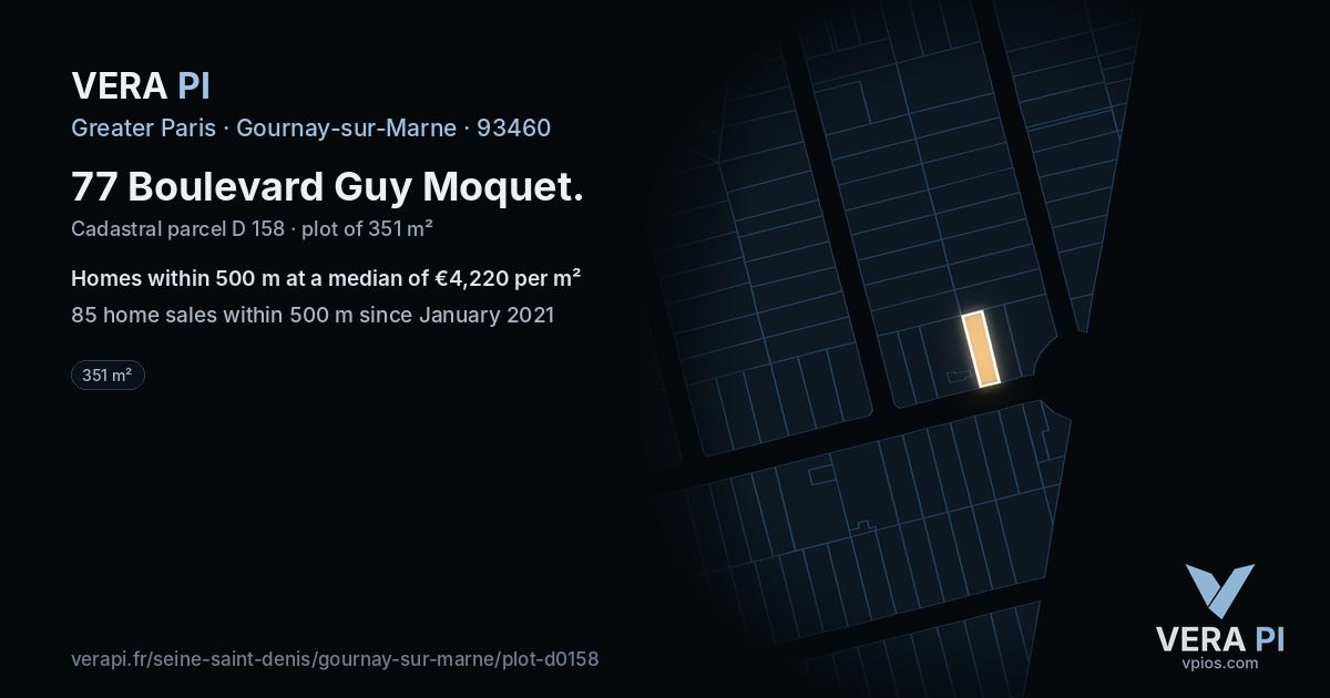 77 Boulevard Guy Moquet, Gournay-sur-Marne at night – the plot lit, the parcels around coloured by the prices near them
