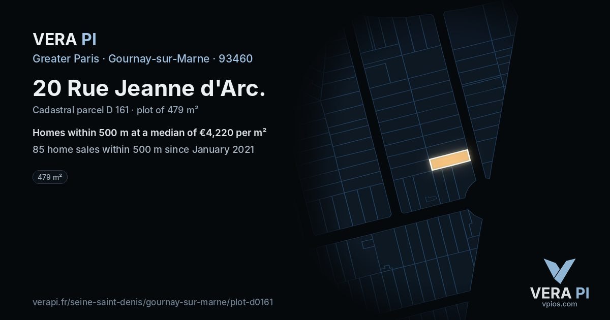 20 Rue Jeanne d'Arc, Gournay-sur-Marne at night – the plot lit, the parcels around coloured by the prices near them