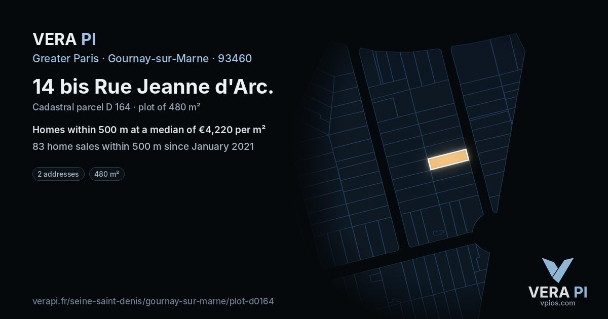 14 bis Rue Jeanne d'Arc, Gournay-sur-Marne at night – the plot lit, the parcels around coloured by the prices near them