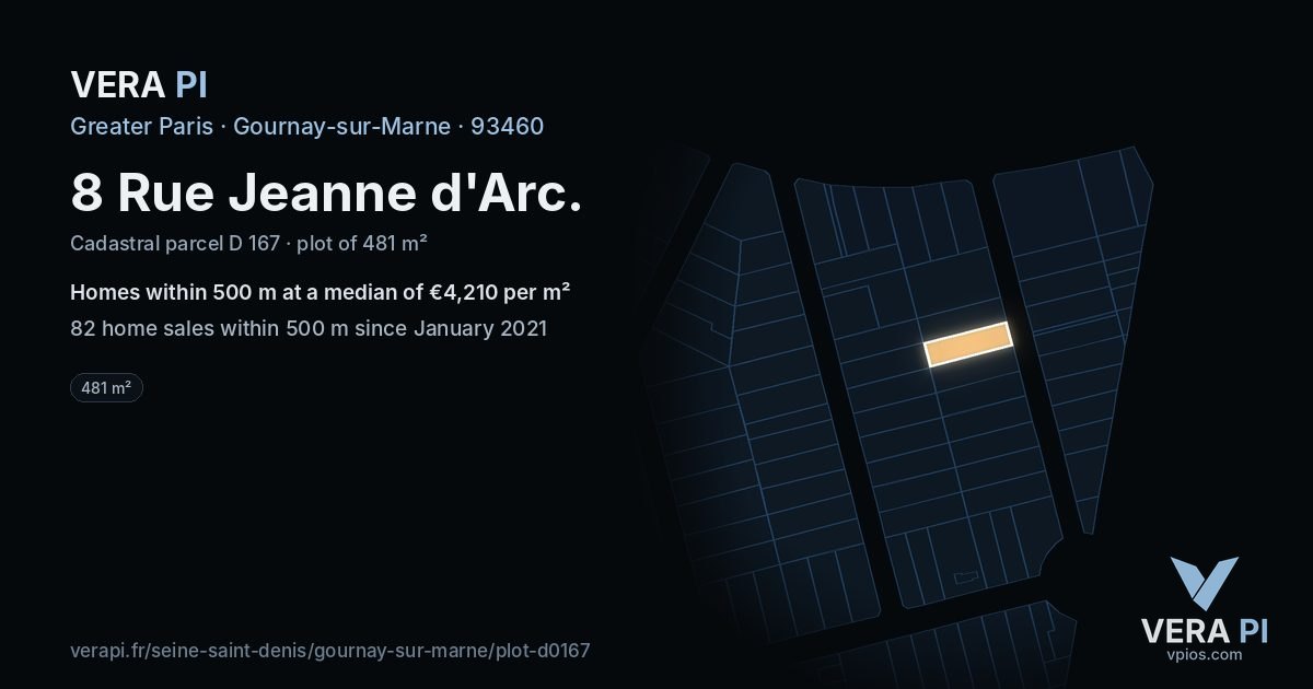 8 Rue Jeanne d'Arc, Gournay-sur-Marne at night – the plot lit, the parcels around coloured by the prices near them