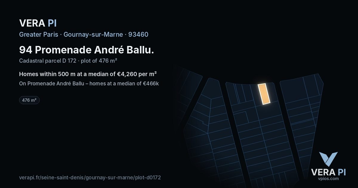 94 Promenade André Ballu, Gournay-sur-Marne at night – the plot lit, the parcels around coloured by the prices near them