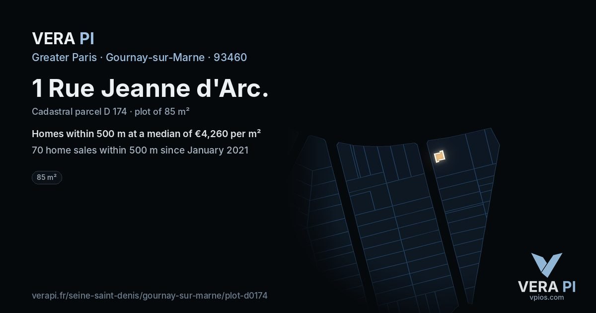 1 Rue Jeanne d'Arc, Gournay-sur-Marne at night – the plot lit, the parcels around coloured by the prices near them