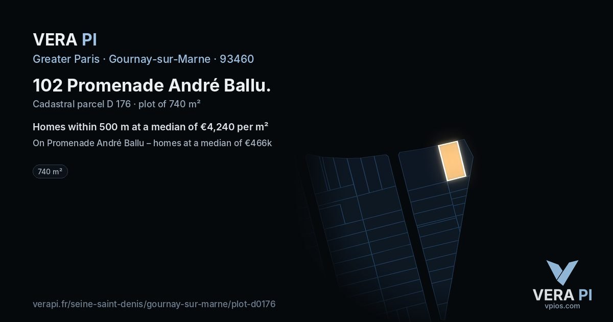 102 Promenade André Ballu, Gournay-sur-Marne at night – the plot lit, the parcels around coloured by the prices near them