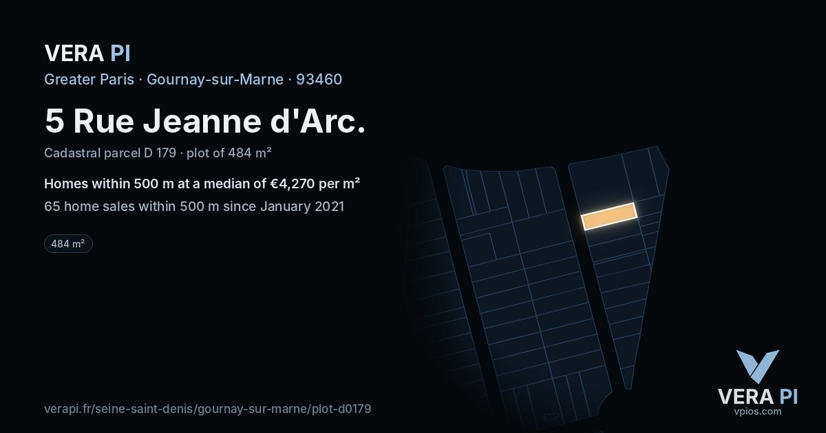 5 Rue Jeanne d'Arc, Gournay-sur-Marne at night – the plot lit, the parcels around coloured by the prices near them