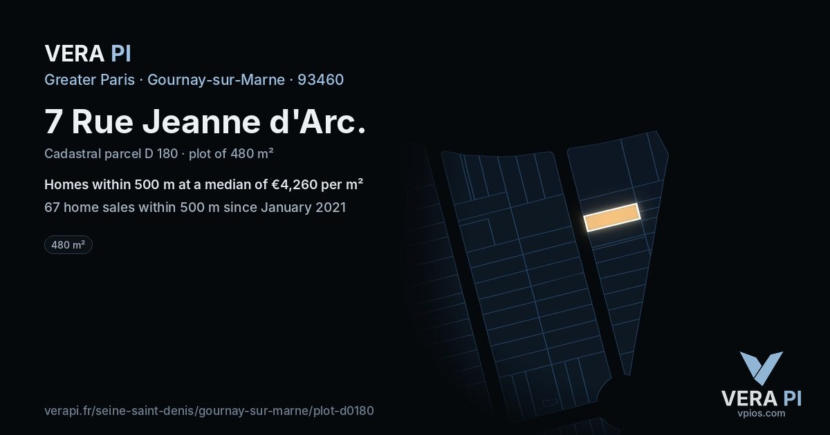 7 Rue Jeanne d'Arc, Gournay-sur-Marne at night – the plot lit, the parcels around coloured by the prices near them