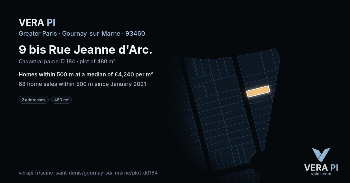 9 bis Rue Jeanne d'Arc, Gournay-sur-Marne at night – the plot lit, the parcels around coloured by the prices near them
