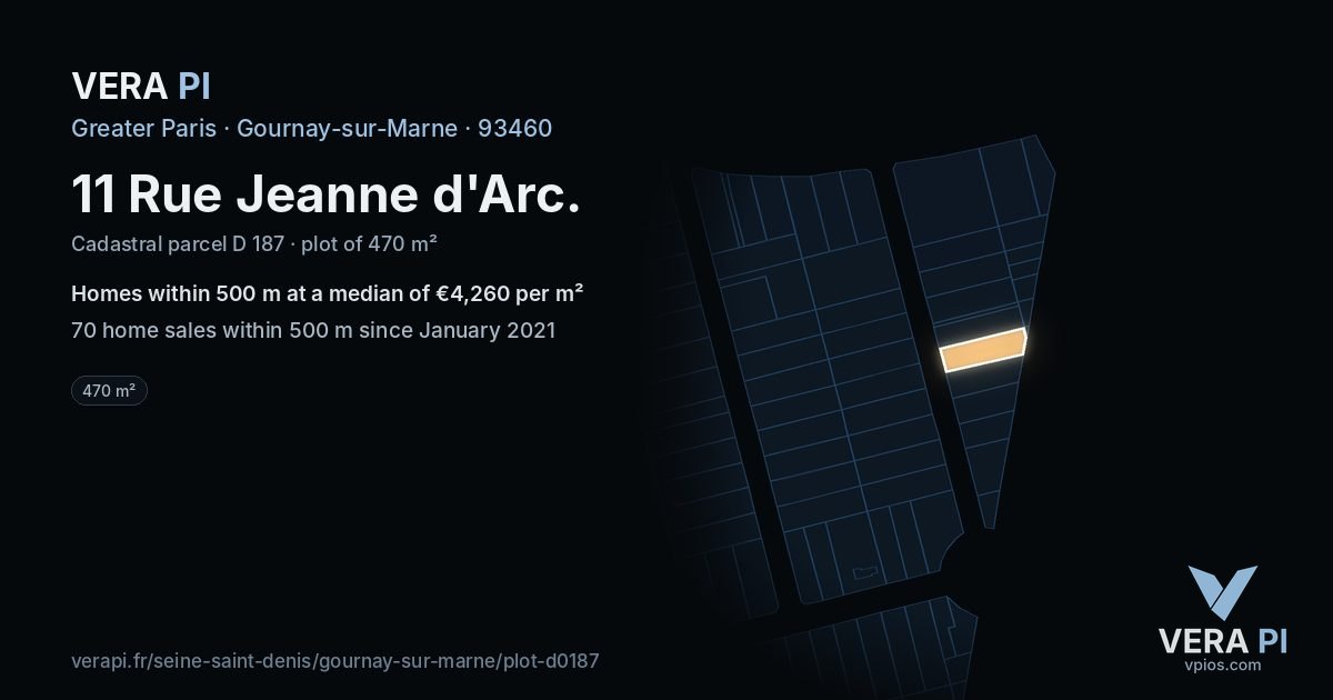 11 Rue Jeanne d'Arc, Gournay-sur-Marne at night – the plot lit, the parcels around coloured by the prices near them