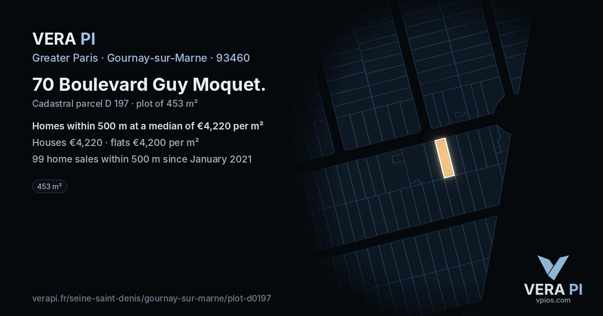 70 Boulevard Guy Moquet, Gournay-sur-Marne at night – the plot lit, the parcels around coloured by the prices near them