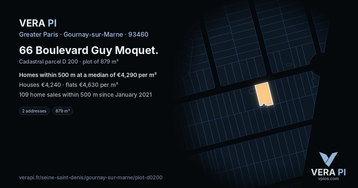 66 Boulevard Guy Moquet, Gournay-sur-Marne at night – the plot lit, the parcels around coloured by the prices near them