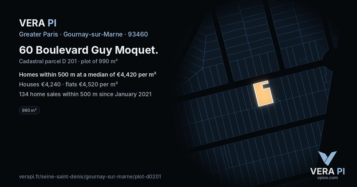 60 Boulevard Guy Moquet, Gournay-sur-Marne at night – the plot lit, the parcels around coloured by the prices near them